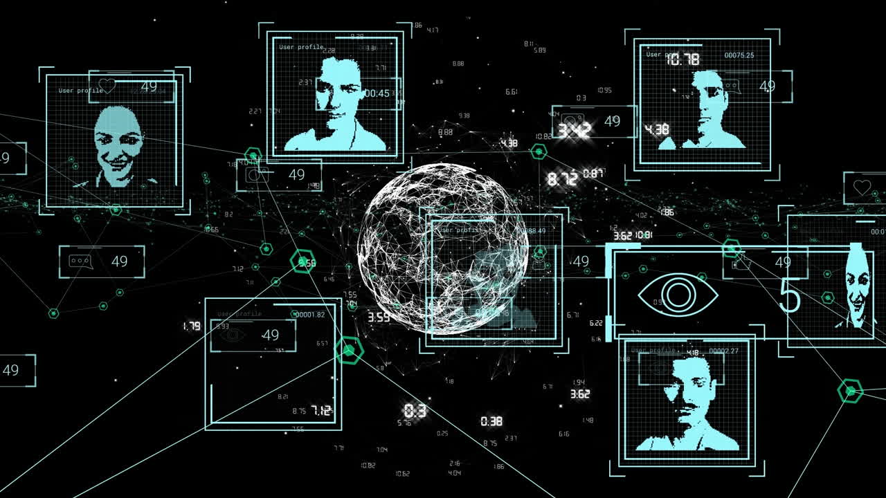 여러 개의 프로필 아이콘이 바뀌고 검은색 배경에 회전하는 지구의 애니메이션