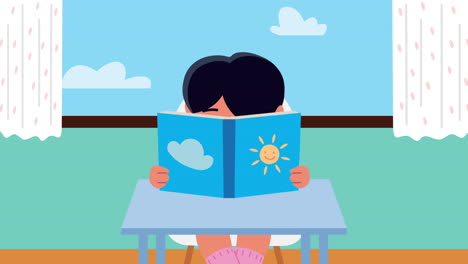 little student girl reading book in desk