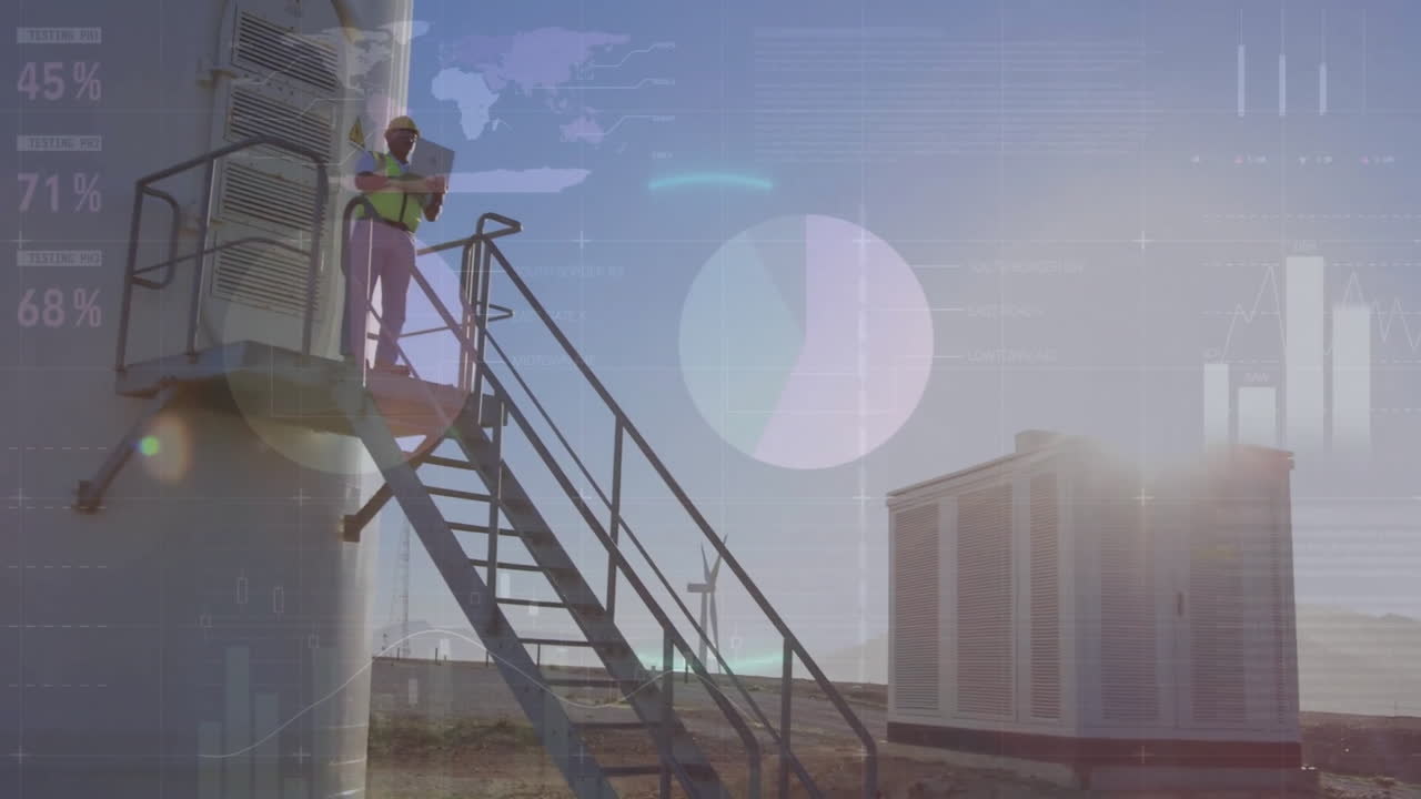 animación del procesamiento de datos financieros a través de la turbina eólica