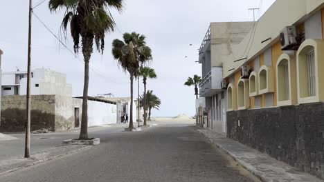 car pov journey through quiet, palm-lined streets of sal rei in boa vista, cabo verde, with island architecture and cobblestone roads concluding with views of beach and harbor under an overcast sky