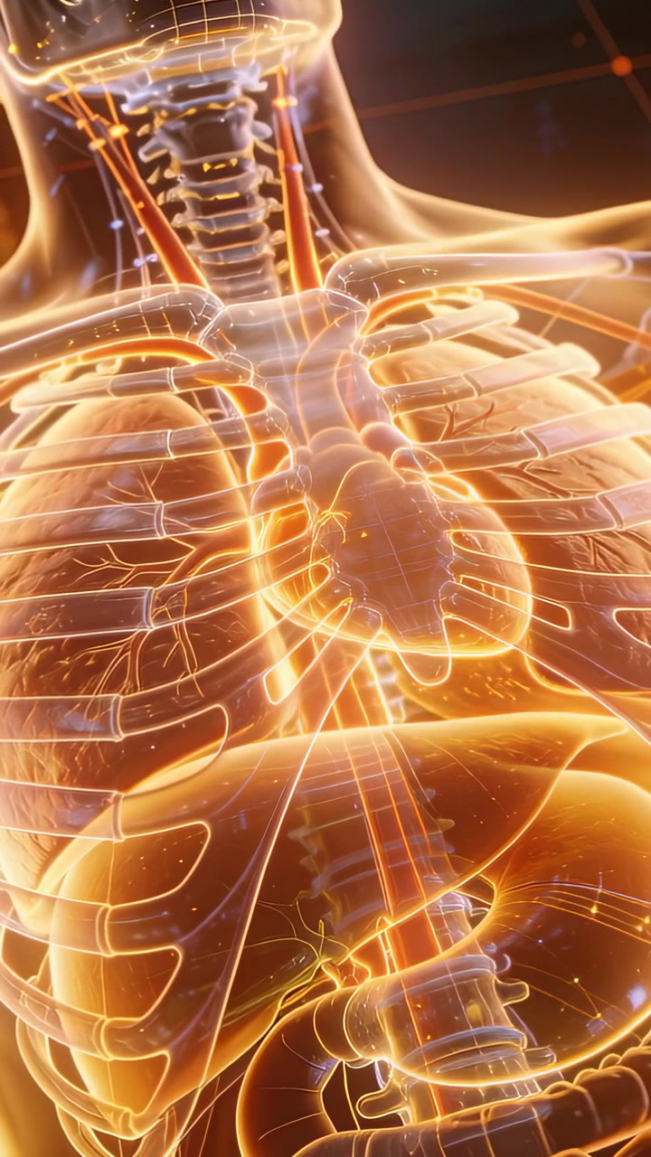 Vertical video: Zooming camera revealing ribs beating heart and vessels showing flow in 3D studio