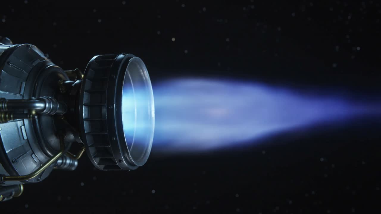 Igniting spacecraft nozzle emitting blue plasma exhaust plume in starfield for thrust with struts