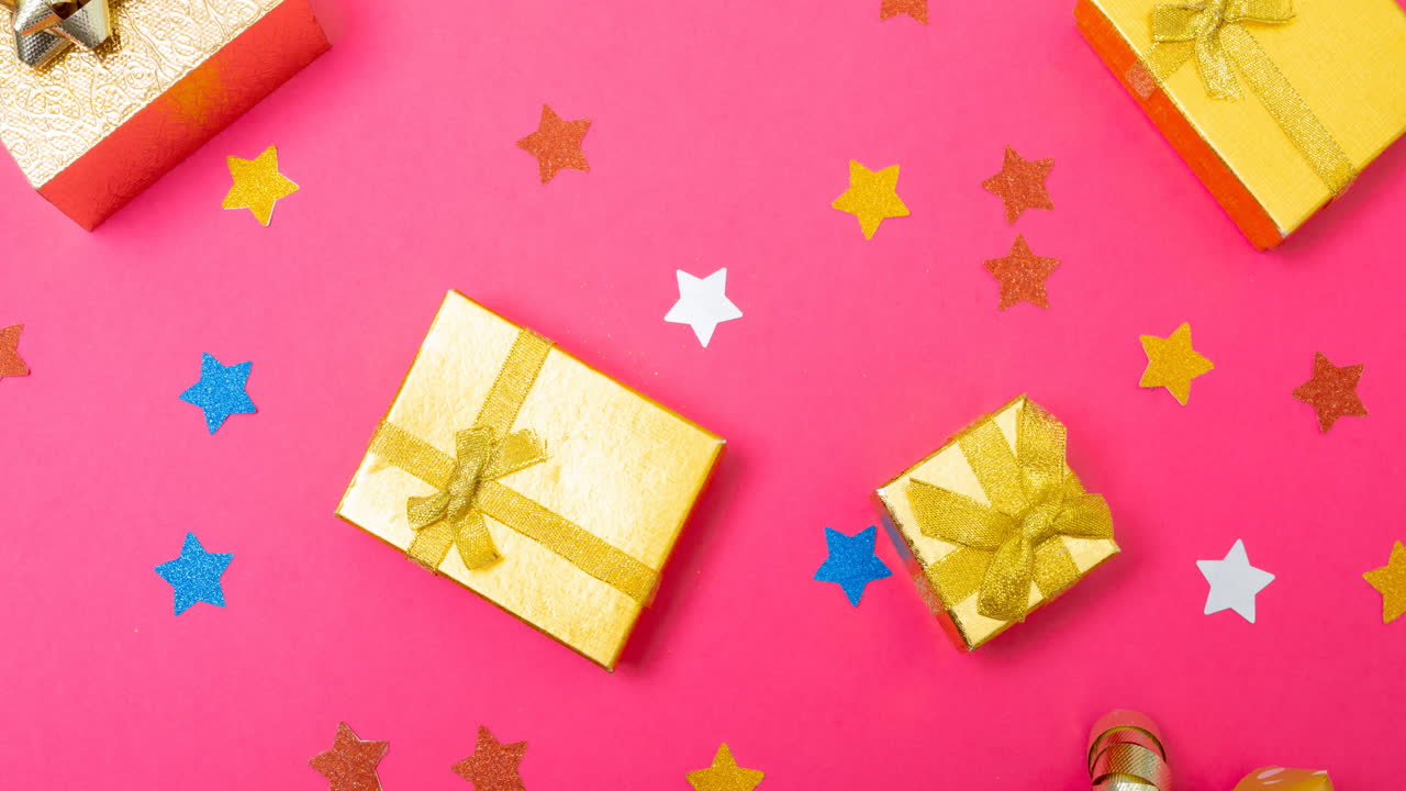 Animation of christmas presents and stars on pink background