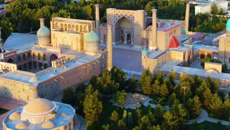 aerial view of three madrasahs on registan public square in samarkand, uzbekistan