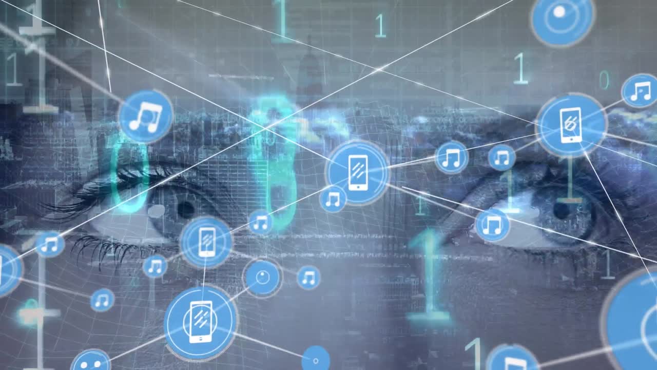 백인 여성의 눈을 통해 아이콘과 데이터 처리와 연결 네트워크의 애니메이션