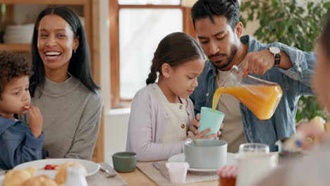 family, breakfast and father pouring juice