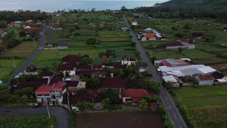 Drone-Aéreo-Círculo-Volar-Sobre-Tropical-Suburbio-Residencial-Calle-Vacía