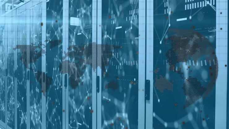 World map and spinning globe over network of connections against computer server room