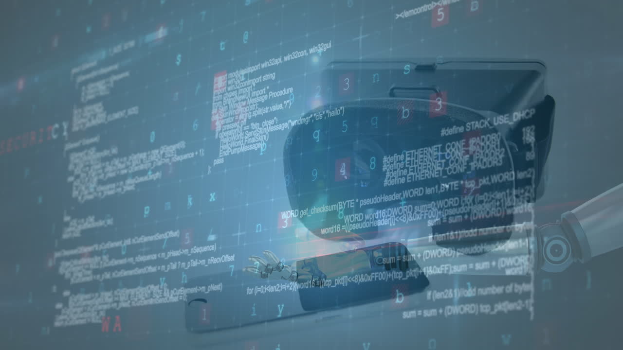 Animation of data processing over vr headset and smartphone in background