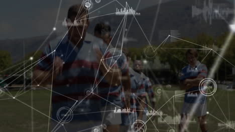 rugby players in action, data processing animation overlay in background