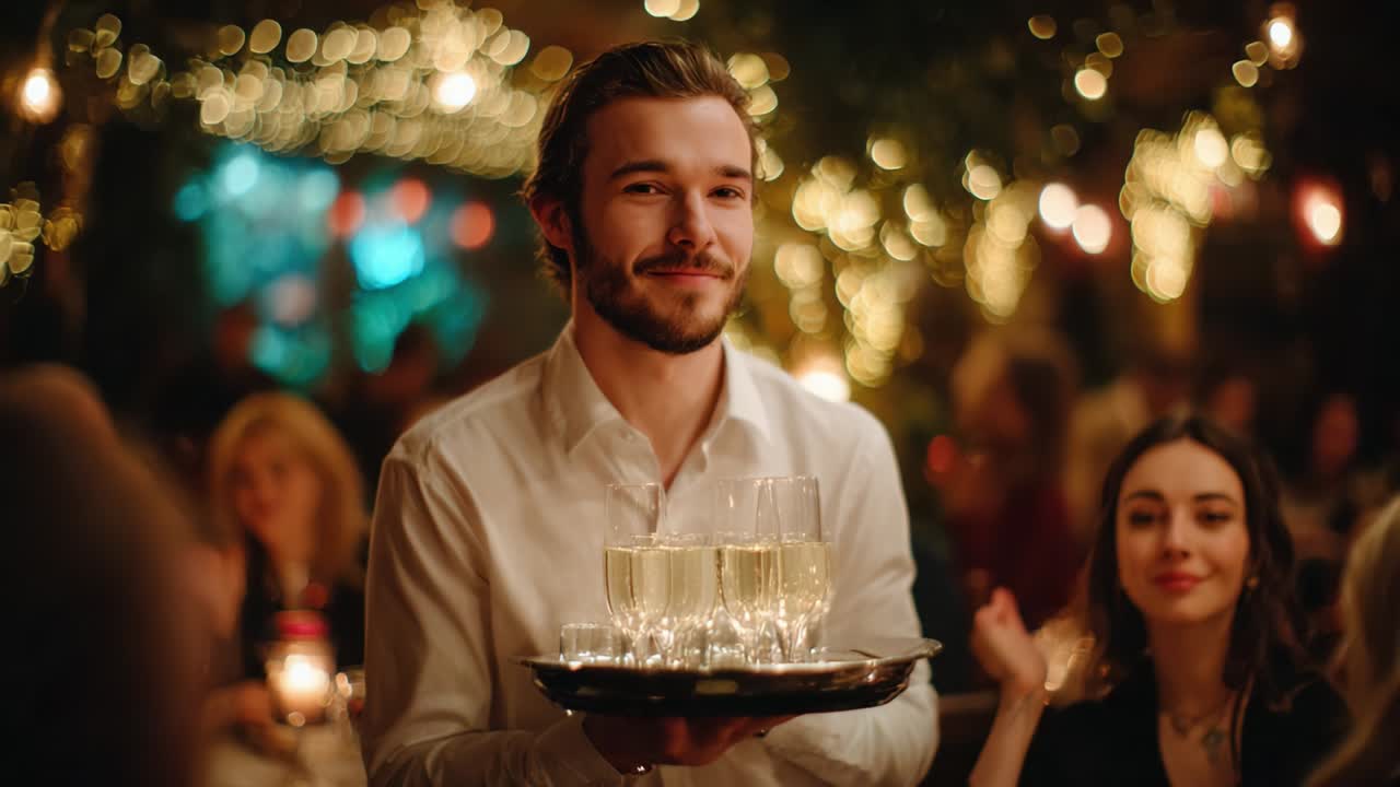 A Charming Waiter Serving Sparkling Wine at a Festive Dinner with a Dreamy Atmospheric Background and Twinkling Lights, Capturing the Essence of Fine Dining and Celebratory Moments