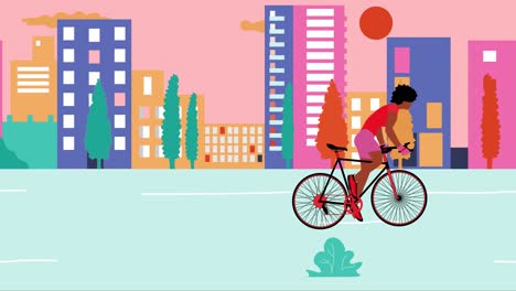 african american woman cyclists is riding bicycle in the summer empty city during sunset. cartoon animation, flat design, loop 4k