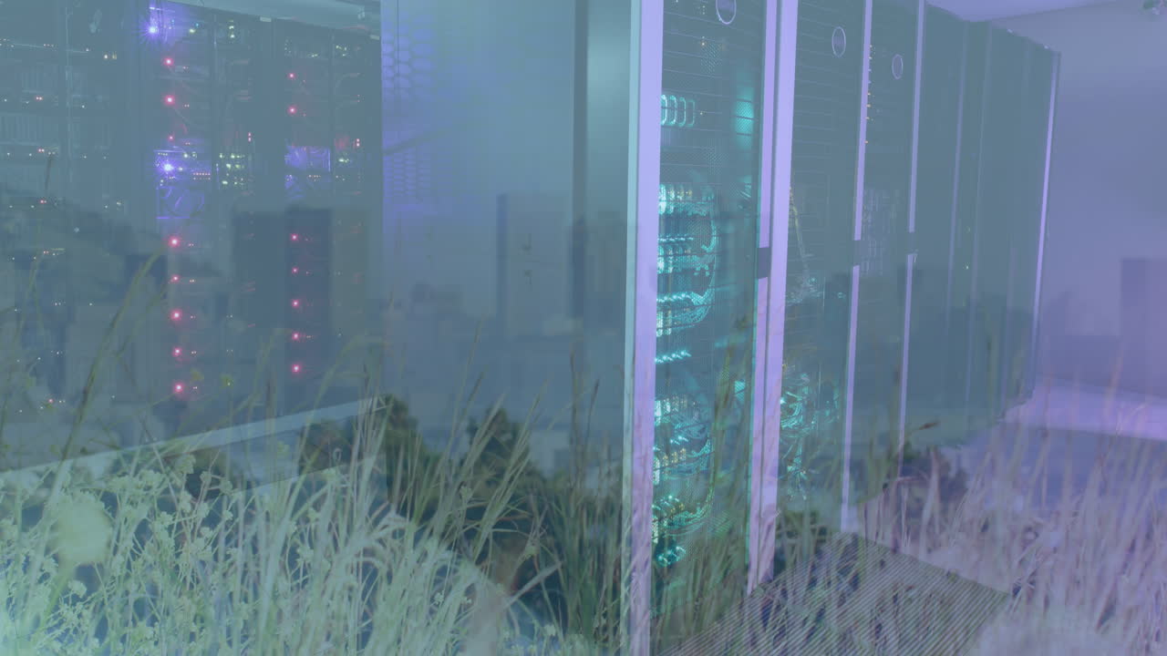 Animation of cityscape and data processing and computer servers