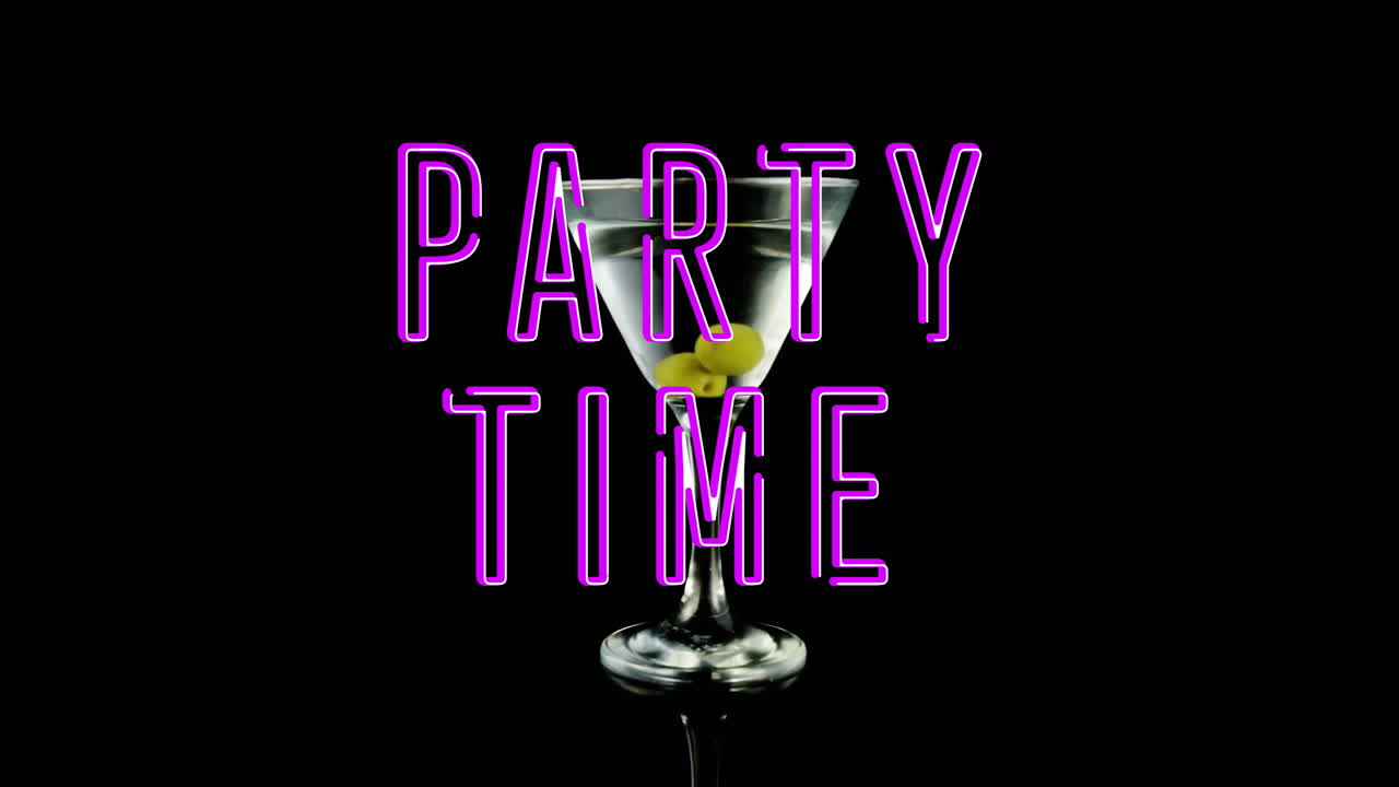 Animation of party time text over cocktails on black background