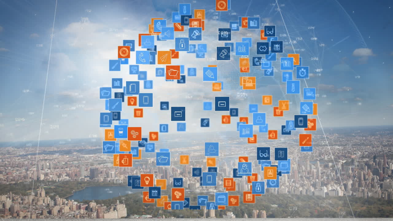 Digital icons and data processing animation over aerial view of cityscape