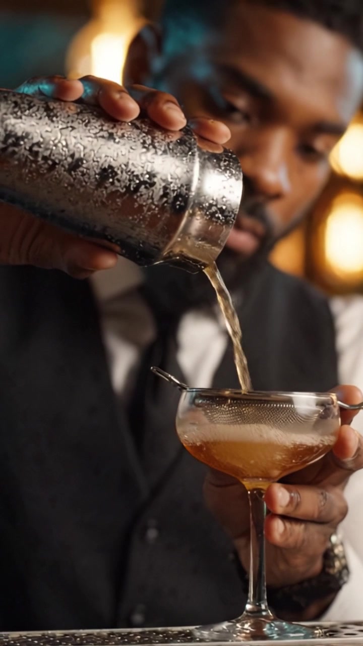 Ekspertbartender ryster og hælder en cocktail med præcision, der viser håndværk inden for bartenderfærdigheder og mixologiens kunst.