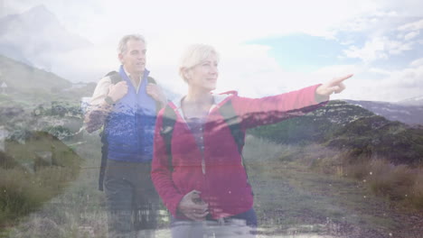 feliz pareja de ancianos caucásicos caminando por el campo señalando el camino, sobre el paisaje en movimiento