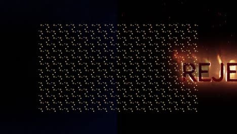 Animation-of-moving-dots-and-burning-letters-on-black-background