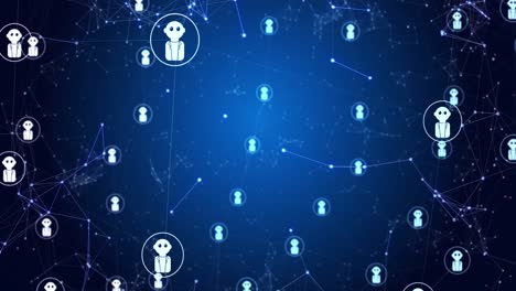 animation of network of connections with icons on blue and black background