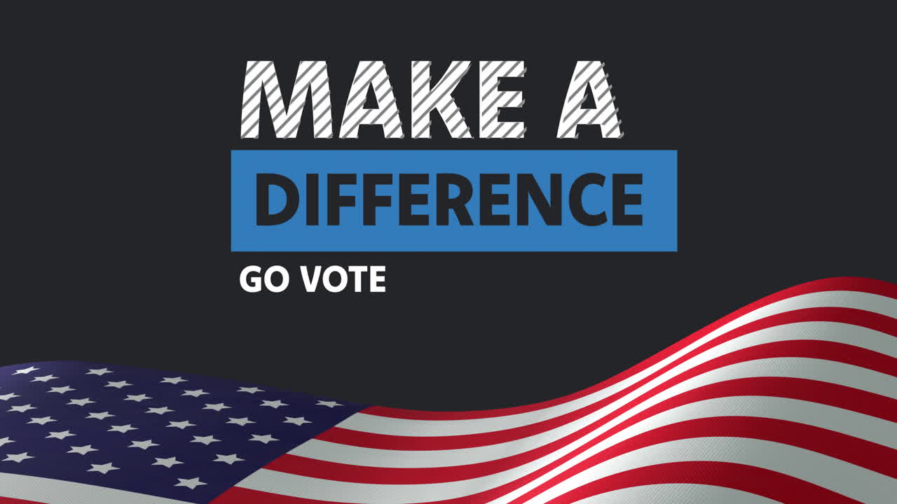 Animation of make a difference, go vote text and waving american flag on black