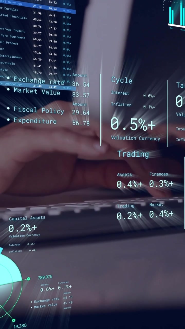 Typing on laptop, financial data and analytics animation over hands