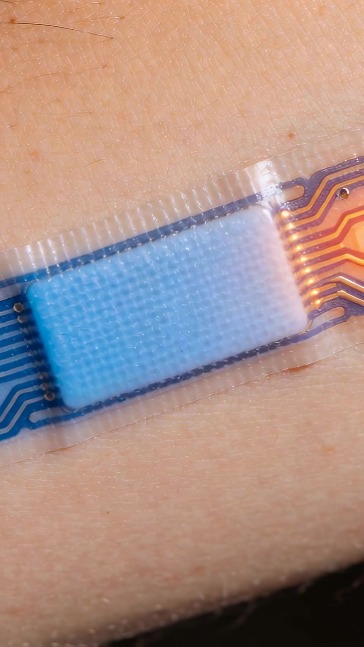 Vertical video: Shifting light revealing blue sensor patch remaining on arm skin, orange ribbon
