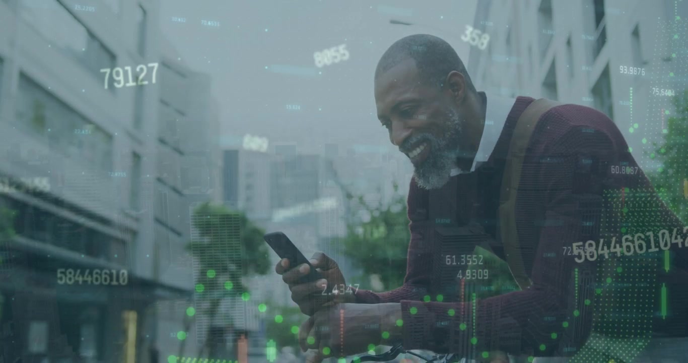 Animation of data processing over african american man using smartphone