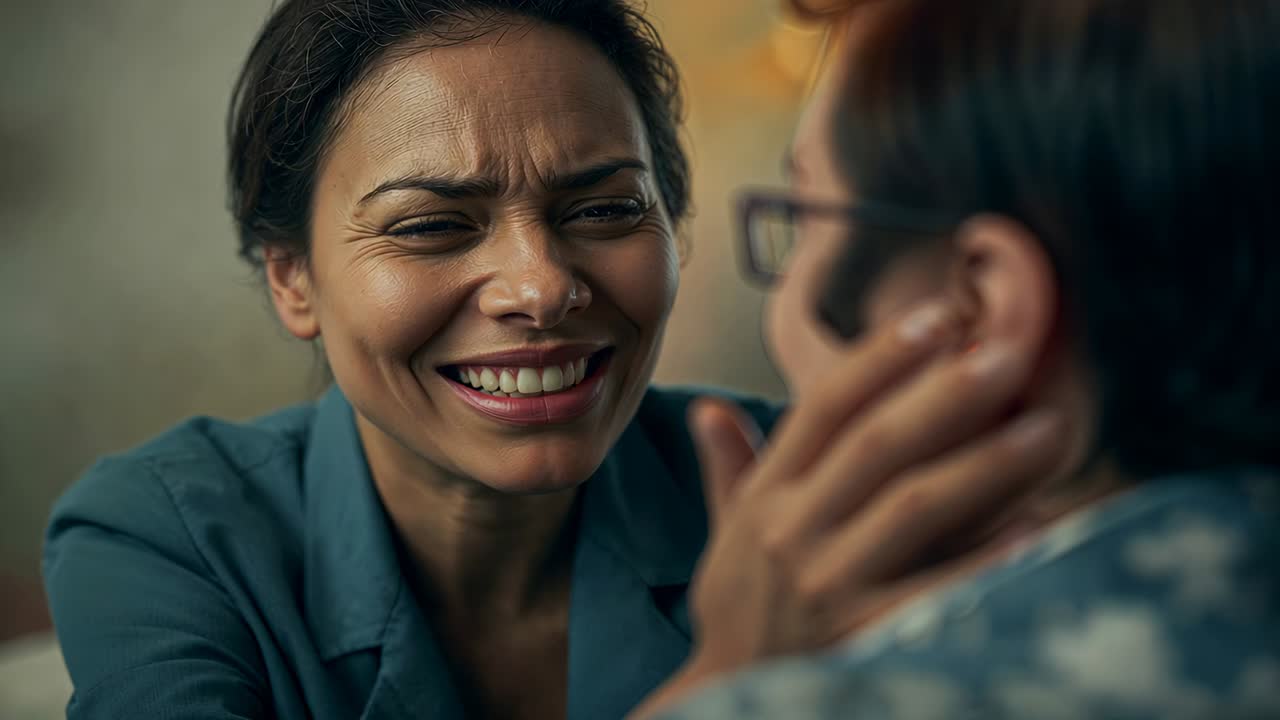 Leaning woman in teal shirt placing hand on partner's cheek at home, comforting, eyeglasses visible