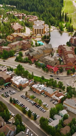 beautiful resort city in mountains full of lovely cottages among pine trees. expensive aspen city in colorado, united states. top view. vertical video