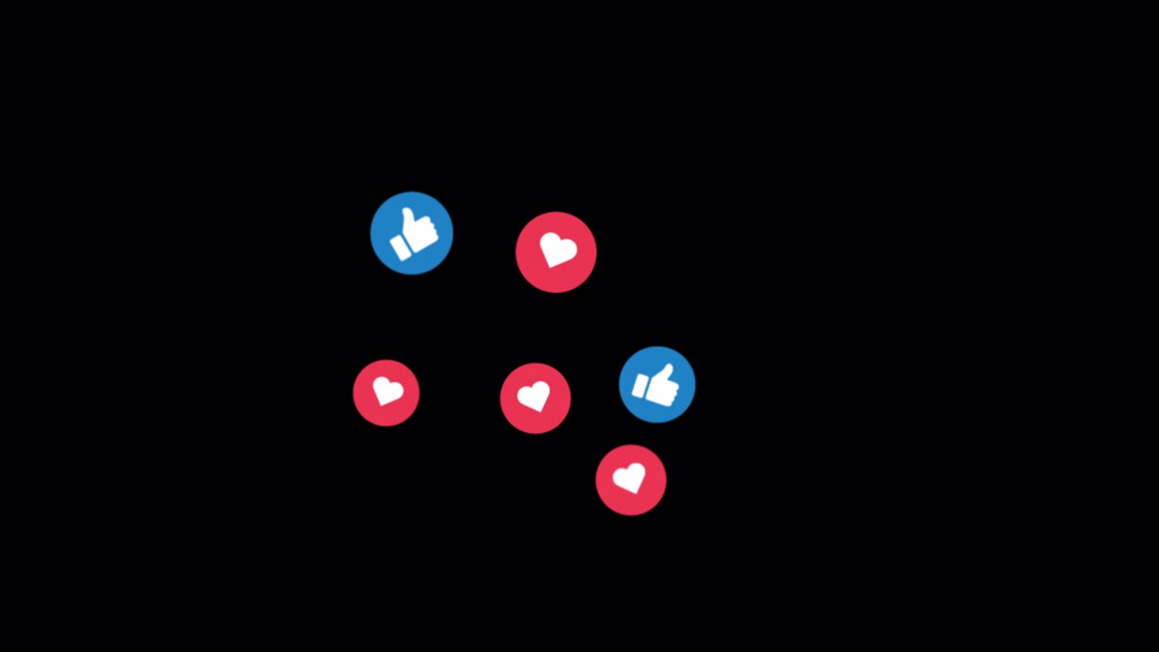 Ícones de Reação de Curtir e Coração de Redes Sociais Flutuando em Fundo Preto