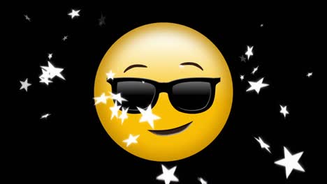 Múltiples-Iconos-De-Estrellas-Cayendo-Sobre-La-Cara-Con-Gafas-De-Sol-Emoji-Sobre-Fondo-Negro