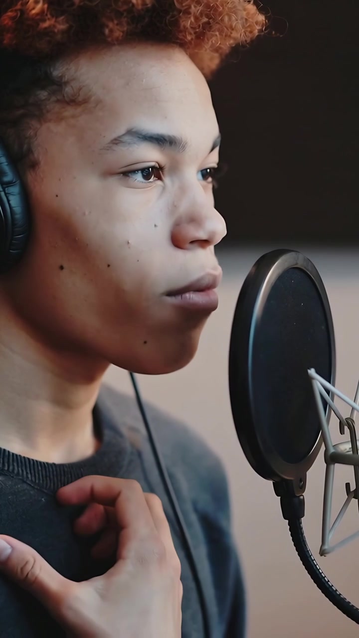 Vertikal video: Teenagersanger med hovedtelefoner synger ind i mikrofon med popfilter under optagelse.