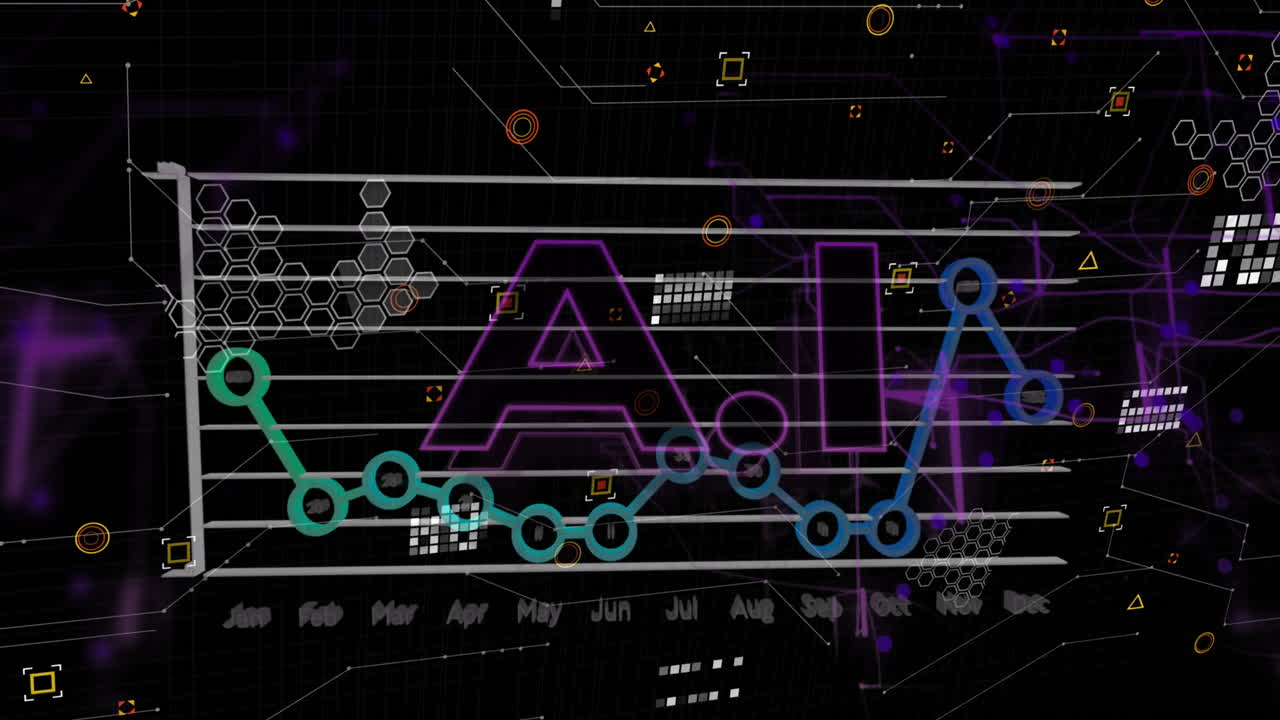 Animation of graph over ai text with geometric shapes over black background