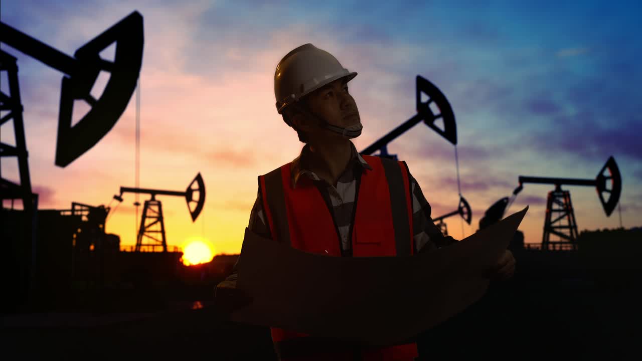 ingeniero masculino asiático con casco de seguridad mirando el plano en sus manos y mirando a su alrededor mientras está de pie frente a las bombas de aceite, durante la puesta o el amanecer