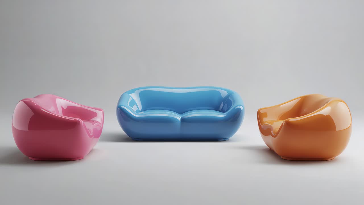 Moving camera dolly revealing three glossy seats pink, blue, orange at studio cyc, showing details