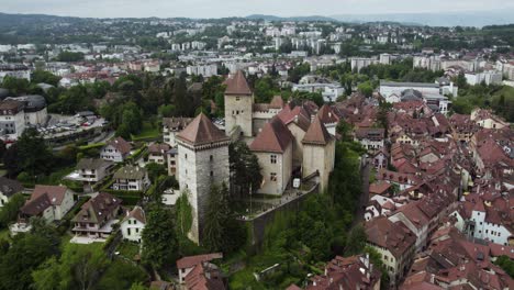 Aerial-View-Of-Chateau-d-Annecy,-Notable-Restored-Castle-In-Annecy,-France