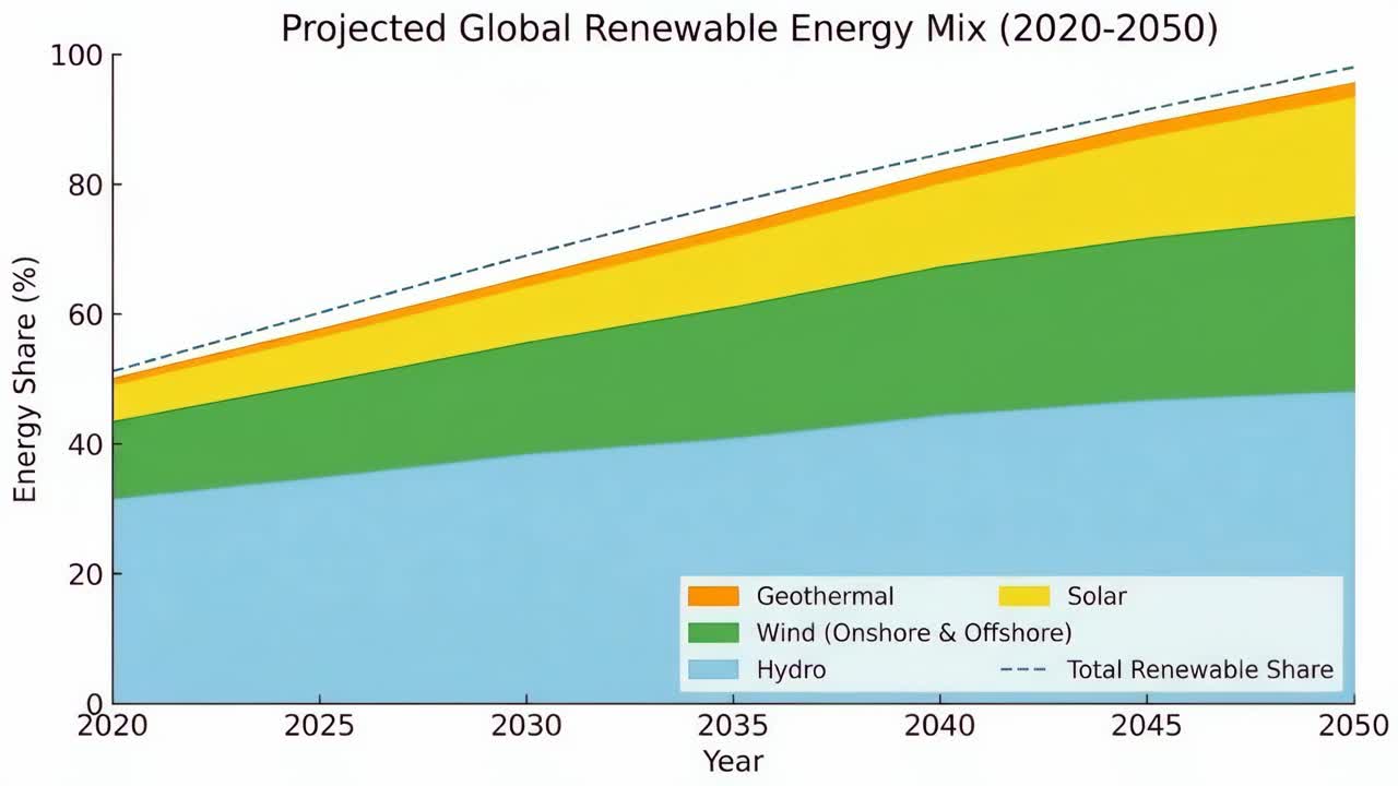 예상되는 글로벌 재생 에너지 혼합 (2020-2050)