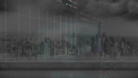 animation of statistical and stock market data processing against aerial view of cityscape