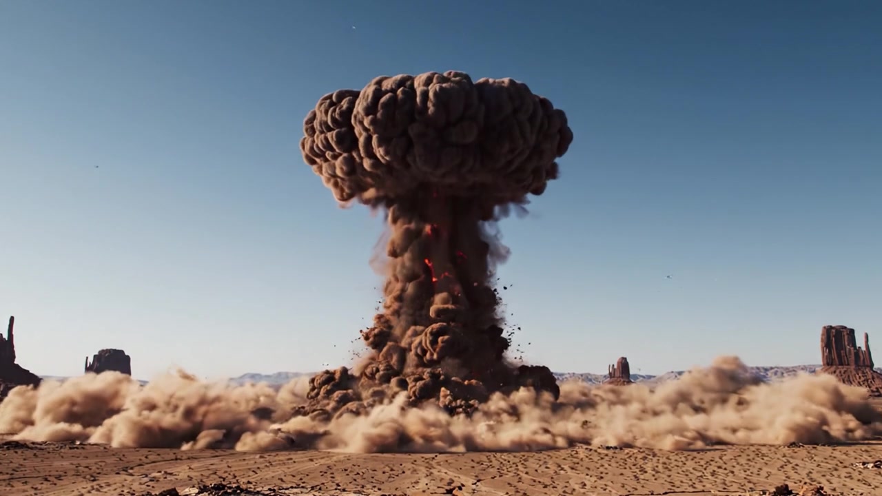 Dramatische Transformation einer Explosion: Eine Sequenz, die den Moment der Detonation in Bildausschnitten einer majestätischen Wüstenlandschaft festhält