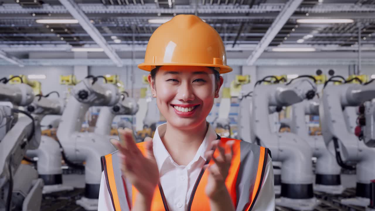현대적 인 제조 시설 에서 박수 를 치는 여성 엔지니어