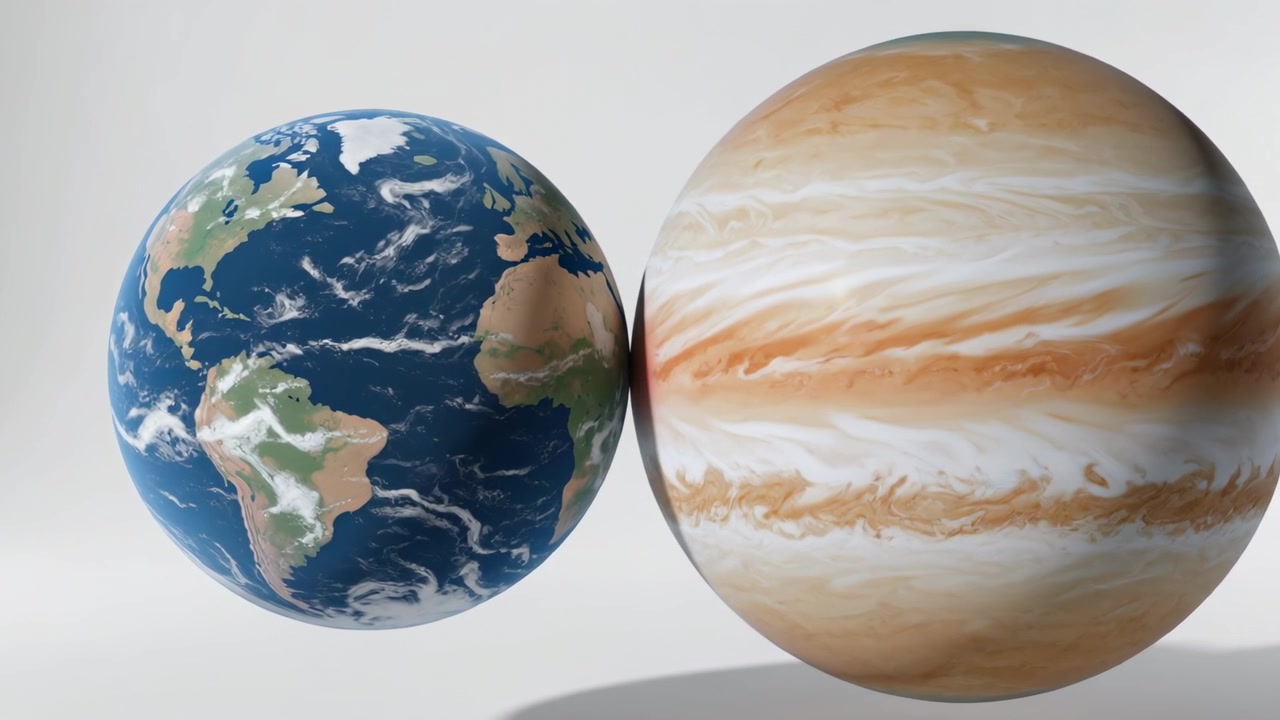 Animation starting, Earth, Jupiter rotating, drifting on pale backdrop, revealing Great Red Spot