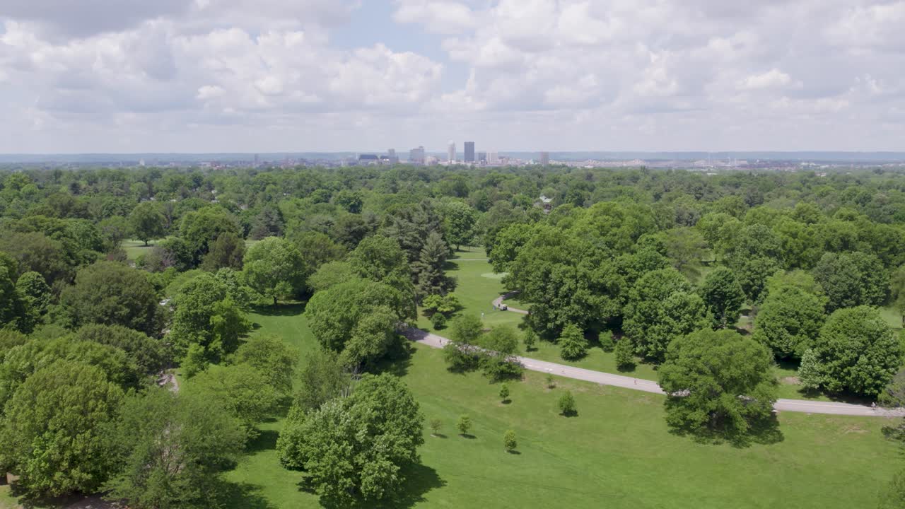 Aerial view of Cherokee Park in Louisville, Kentucky, with the downtown skyline visible in the distance. Great for travel, cityscape, and outdoor lifestyle content.
