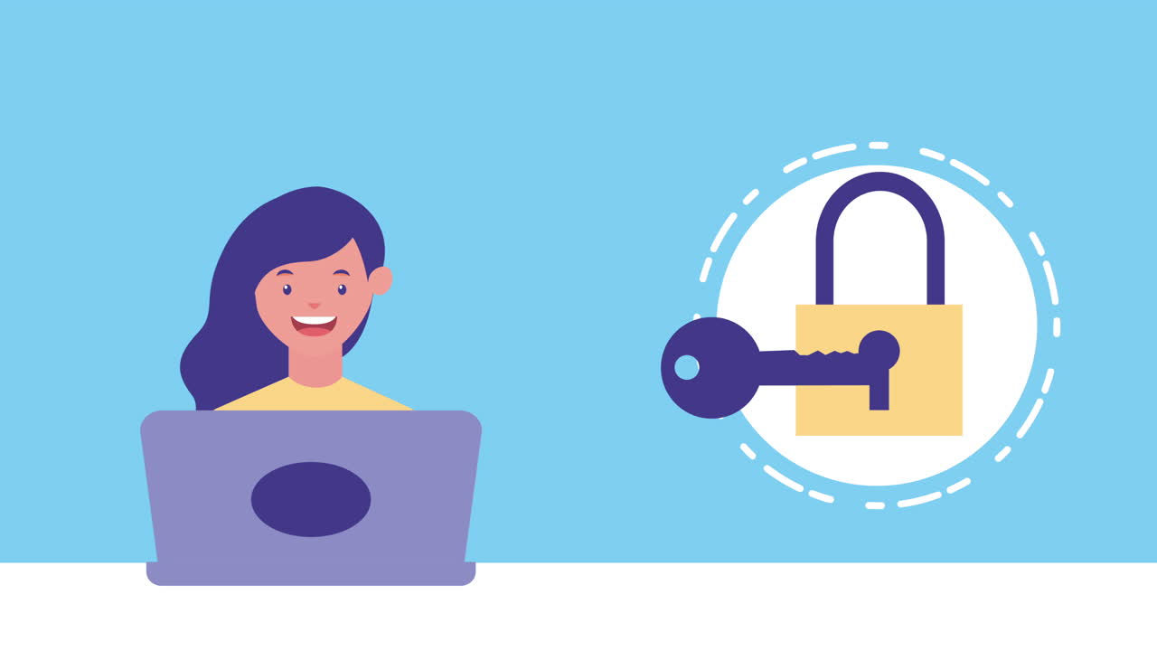 mujer de negocios con portátil y personaje avatar de candado