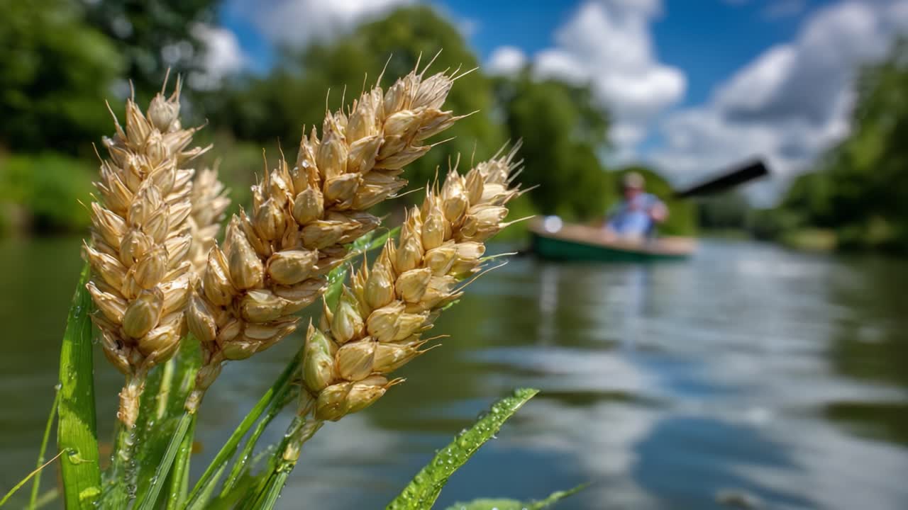 A Serene Riverside Scene with Rippling Waters and Wheat Stalks, Emphasizing Nature's Beauty in a Lush, Green Landscape