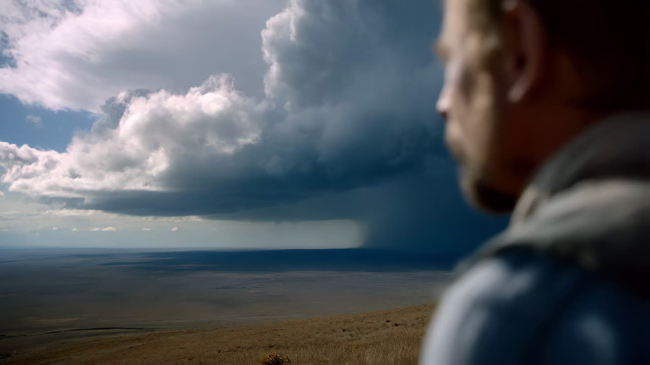 Person Observing a Distant Lightning Storm Over an Arid Landscape