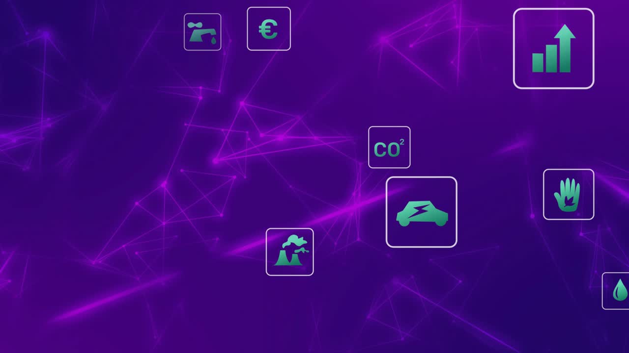 Node pulse sparking electric car icon centered as teal icons drifting inward showing eco data