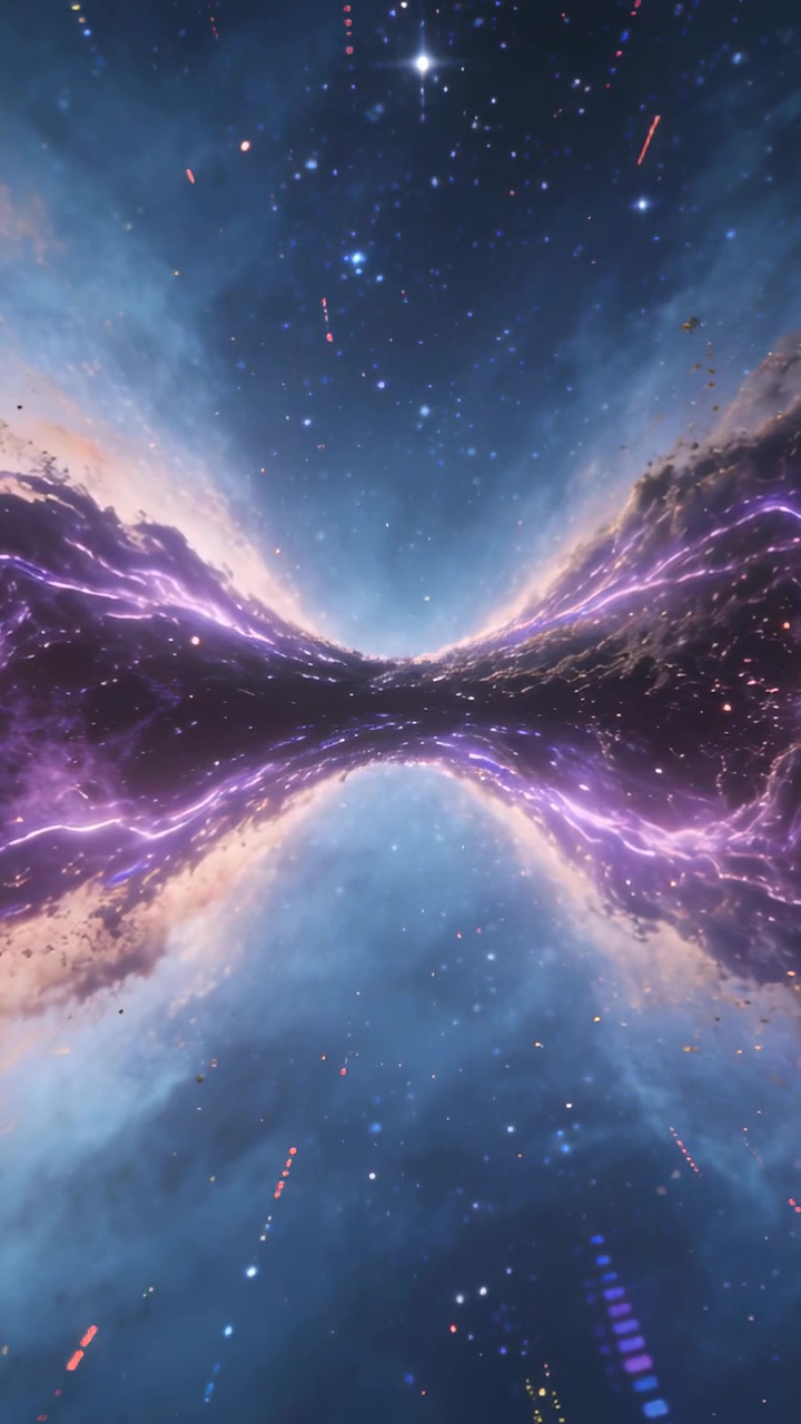 Vertical video: Pulsing nebula sending streaks, drawing eye inward through mirrored purple tunnel