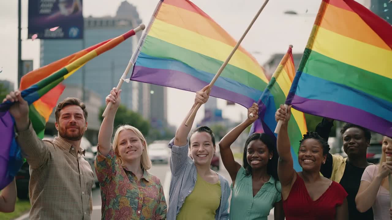 Waving group in summer clothes celebrating with confetti falling on street, holding rainbow flags