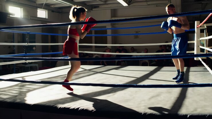 Incontro di boxe tra donne e uomini in un'arena
