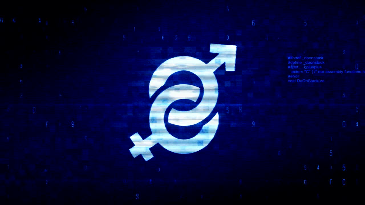 성별, 남성, 여성 기호, 디지털 픽셀 노이즈 오류 애니메이션